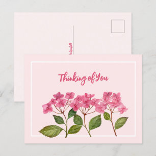 Denken aan jou Waterverf Pink Hydrangea Lacecaps Feestdagenkaart