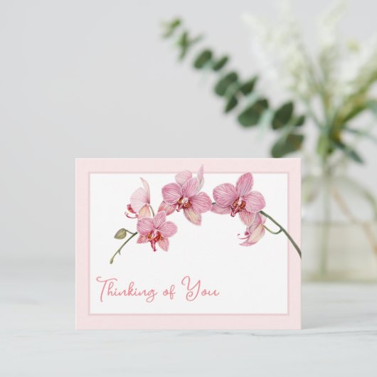 Denken aan jou Waterverf Pink Moth Orchids Feestdagenkaart (Staand voorkant)