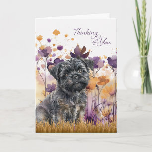 Denken aan u Affenpinscher Hond Paarse Bloemen Kaart