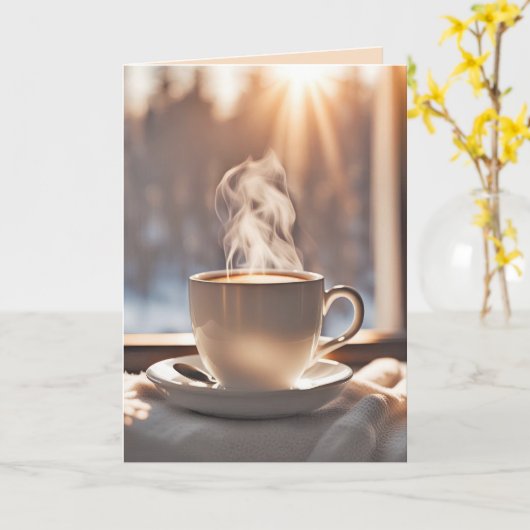Denken aan u koffie bij het winterraam kaart (Gele Bloem)