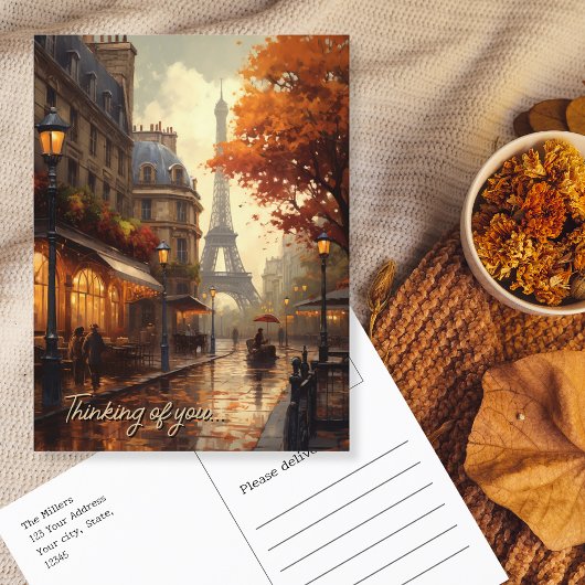 Denken aan u Parijs in de regenachtige herfst stad Briefkaart