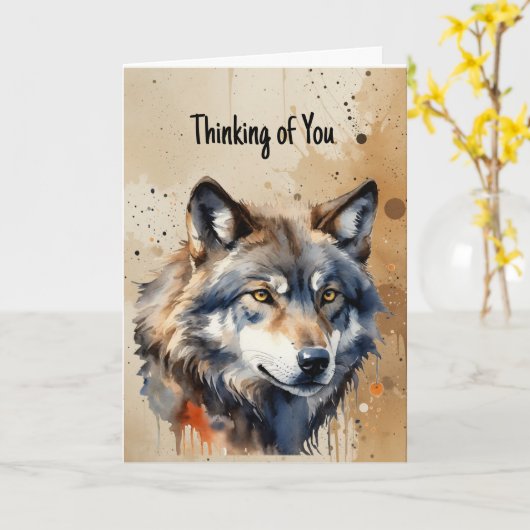 Denken aan U Wolf Waterverf Animal Fan Kaart (Gele Bloem)