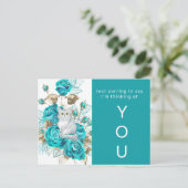 Denken aan uw kat met turquoise Rozen Briefkaart (Staand voorkant)
