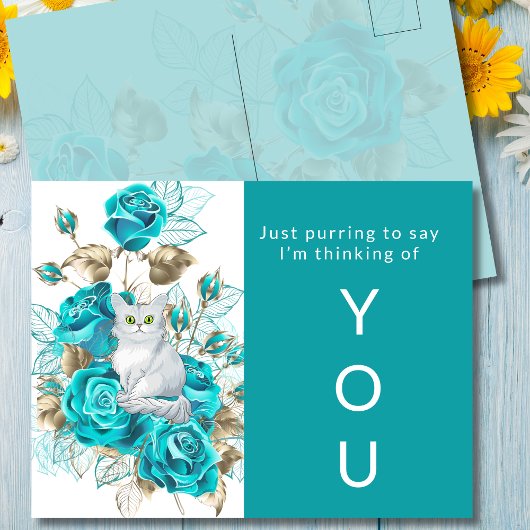 Denken aan uw kat met turquoise Rozen Briefkaart