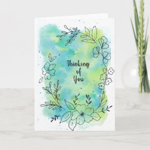 Denkend aan jou blauwe turquoise aquarel bloemen b kaart