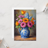 Denkend Aan Jou Blauwe Witte Vaas Helder Bloemen Kaart (Voorkant / Achterkant in situ)