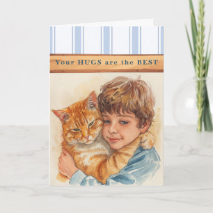 Denkend aan jou, knuffels, jongen en kat kaart