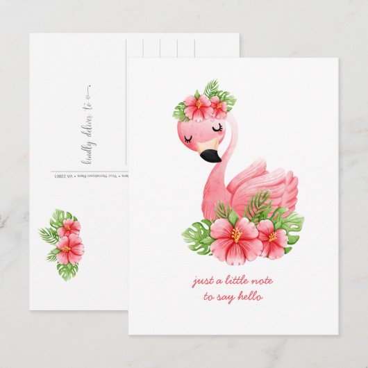 Denkend aan Jou Roze Flamingo Tropische Bloemen Po Briefkaart (Voorkant / Achterkant)