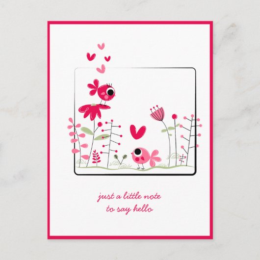 Denkend aan Jou Roze Whimsical Roze Vogels Bloemen Briefkaart (Voorkant)