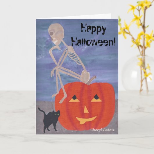 Denker Skelet op Pompoen Halloween Kaarten (Gele Bloem)