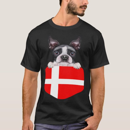 Denmark Flag Boston Terrier Dog In Pocket T-shirt (Voorkant)