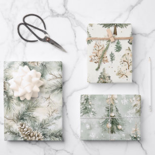 Denneappels Groene Crème Kerstbomen Sneeuwvlokken Inpakpapier Vel