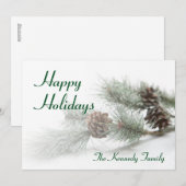 Denneappels op kunstmatige pijnboomtak met ijs feestdagenkaart (Voorkant / Achterkant)