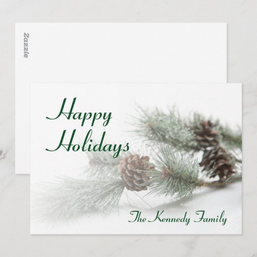 Denneappels op kunstmatige pijnboomtak met ijs feestdagenkaart (Voorkant / Achterkant)