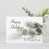 Denneappels op kunstmatige pijnboomtak met ijs feestdagenkaart (Staand voorkant)