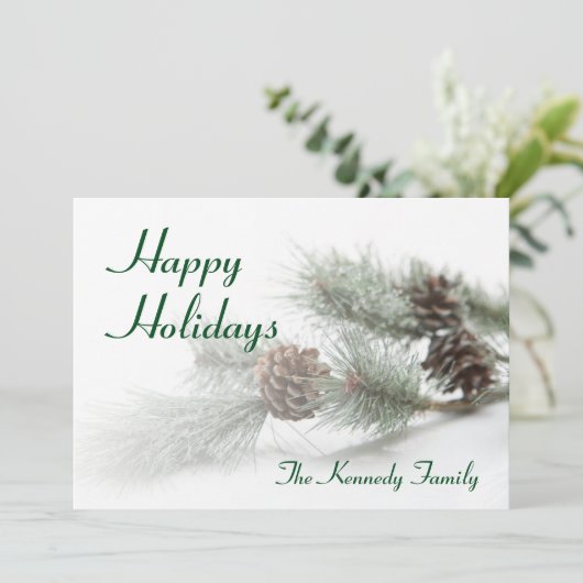 Denneappels op kunstmatige pijnboomtak met ijs feestdagenkaart (Staand voorkant)