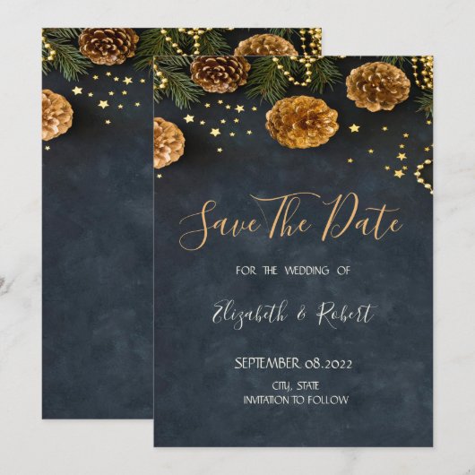Denneappels, sterren Bewaar de datum Save The Date (Voorkant / Achterkant)
