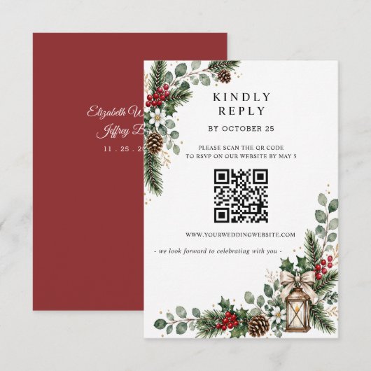 Dennebessen Winter Kerst Huwelijk QR-code RSVP Kaartje (Voorkant / Achterkant)