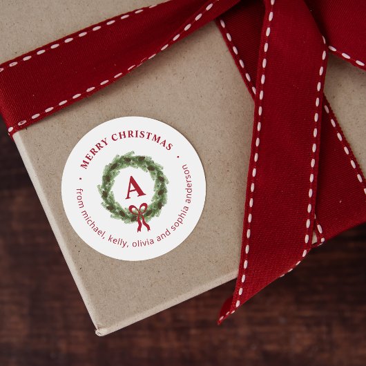 Dennegroen Krans Monogram Prettig Kerstfeest Ronde Sticker