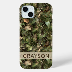 Dennen en Bladeren Gepersonaliseerde Camouflage iPhone 15 Mini Hoesje