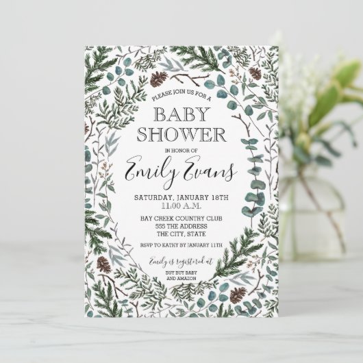 Dennen- en Eucalyptus Baby Shower Uitnodiging (Staand voorkant)