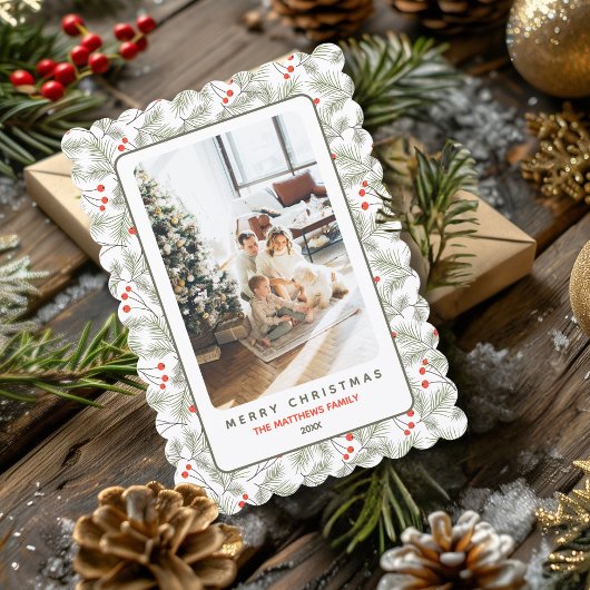 Dennen takjes en bessen Aangepaste foto Kerstmis  Feestdagenkaart