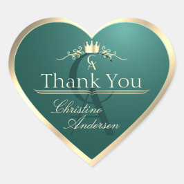 Dennen Teal met Gouden Frame en Monogram Bedankt Hart Sticker