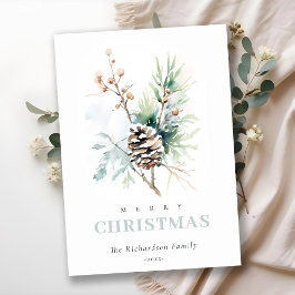 Dennenappel Aquarel Winter Bessen Kerstmis Feestdagenkaart