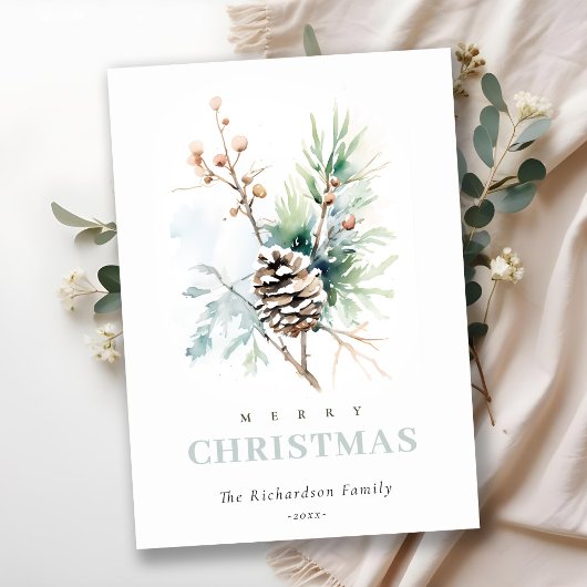 Dennenappel Aquarel Winter Bessen Kerstmis Feestdagenkaart