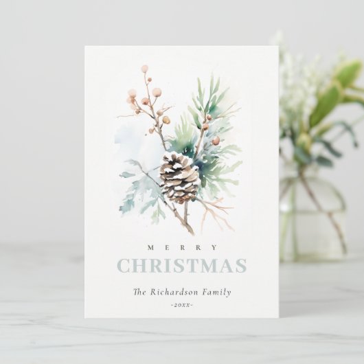 Dennenappel Aquarel Winter Bessen Kerstmis Feestdagenkaart (Staand voorkant)