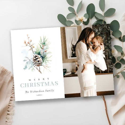 Dennenappel Aquarel Winterbes Kerst Foto Feestdagenkaart