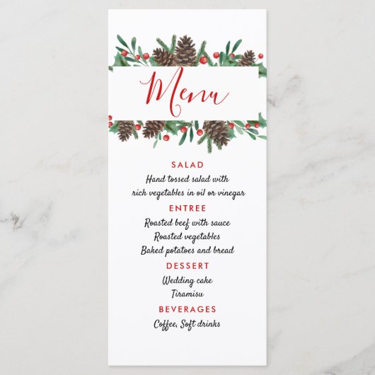 Dennenappel Rode Bes Kerst Moderne Trouwmenu Menu (Voorkant)