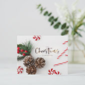 Dennenappel & Snoepriet Kerstgroeten Feestdagenkaart (Staand voorkant)