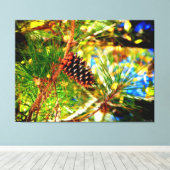 Dennenappel Tussen Groene Naalden Canvas Afdruk (Insitu (Houten vloer))