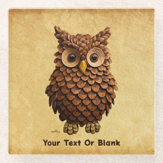 dennenappel-uil glazen onderzetter (Voorkant)