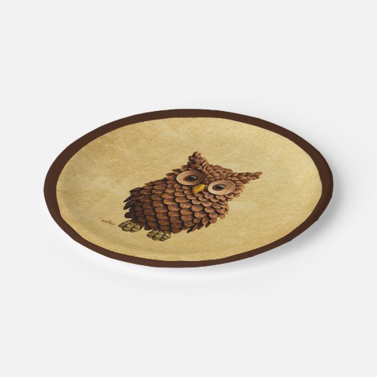 dennenappel-uil papieren bordje (Gekanteld)