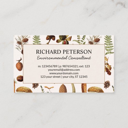  dennenappels, bladeren, paddenstoel Herfst bos Visitekaartje (Achterkant)