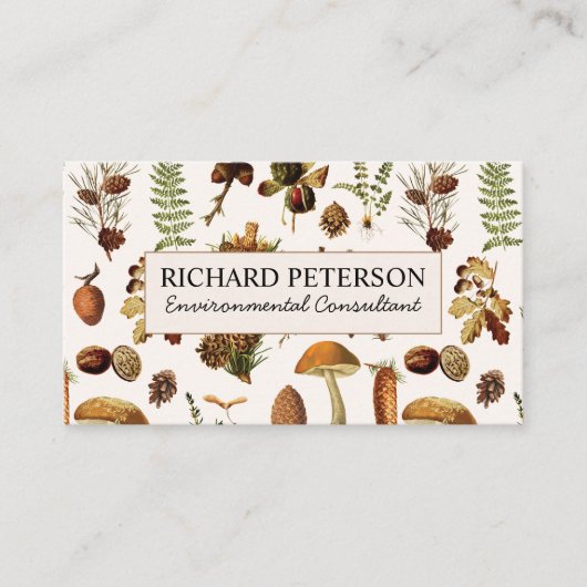  dennenappels, bladeren, paddenstoel Herfst bos Visitekaartje (Voorkant)