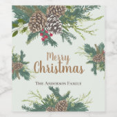 dennenappels en groen vrolijk kerstfeest wijn etiket (Enkel label)