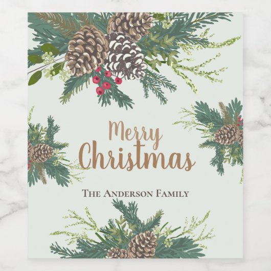 dennenappels en groen vrolijk kerstfeest wijn etiket (Enkel label)