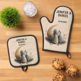 Dennenappels en Halvemaan Winterliefde Ovenwant & Pannenlap Set