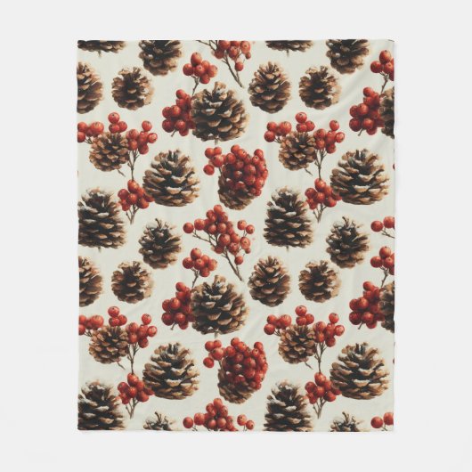 Dennenappels en Rode Bessen Winterpatroon Fleece Deken (Voorkant)