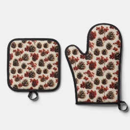 Dennenappels en Rode Bessen Winterpatroon Ovenwant & Pannenlap Set