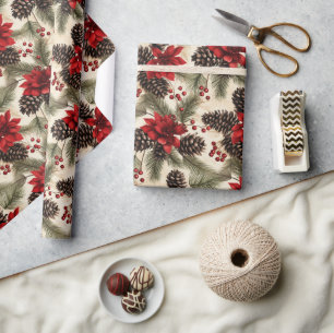 dennenappels en takken met poinsettia cadeaupapier