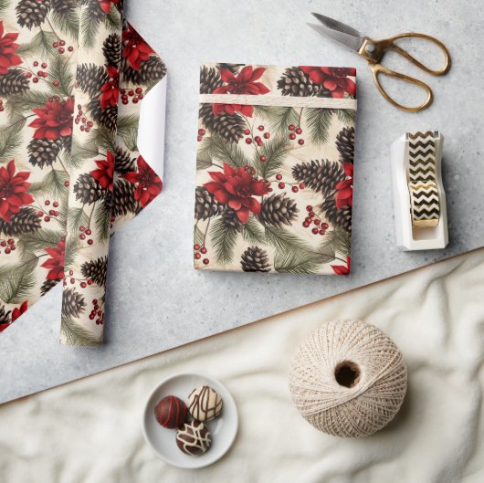 dennenappels en takken met poinsettia cadeaupapier (Crafts)