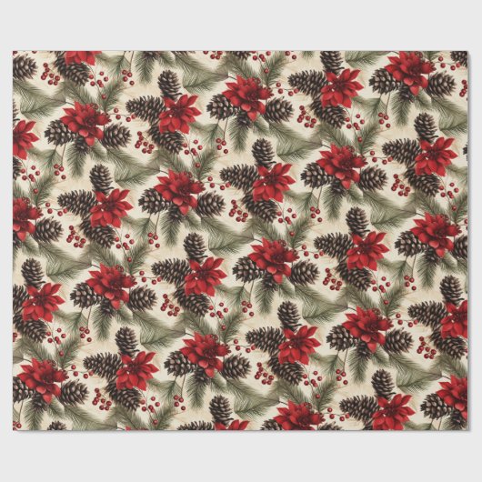 dennenappels en takken met poinsettia cadeaupapier (Vlak)