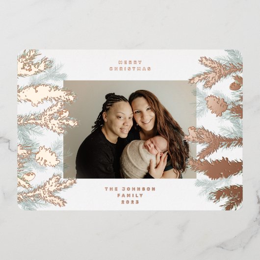 Dennenappels Merry Christmas Foto ROZE GOUD Folie Feestdagenkaart (Voorkant)