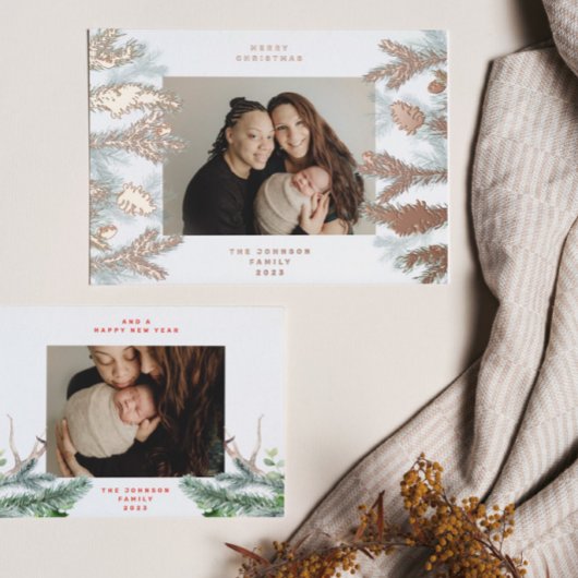 Dennenappels Merry Christmas Foto ROZE GOUD Folie Feestdagenkaart