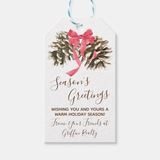 Dennenappels met strik, winter, vakantie, Kerstmis Cadeaulabel (Voorkant)