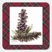 dennenappels & plaid vierkante sticker (Voorkant)